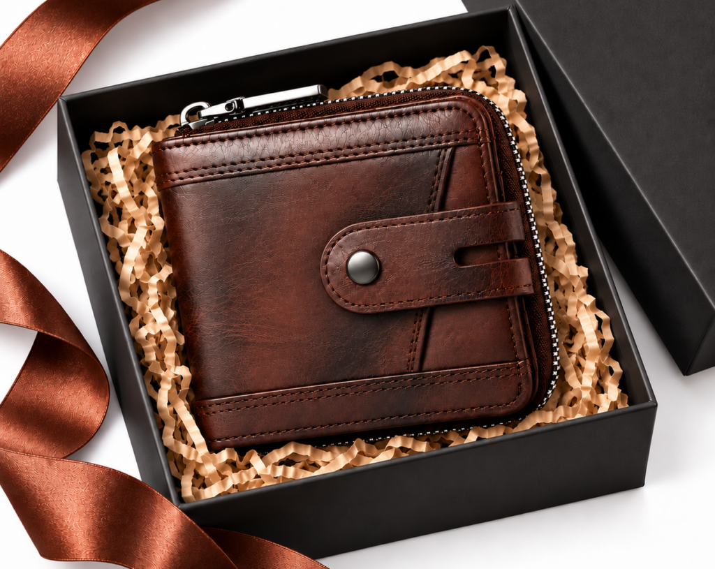 Men's Leather Zipper Wallet – RFID Blocking, Coffee - Image 7
