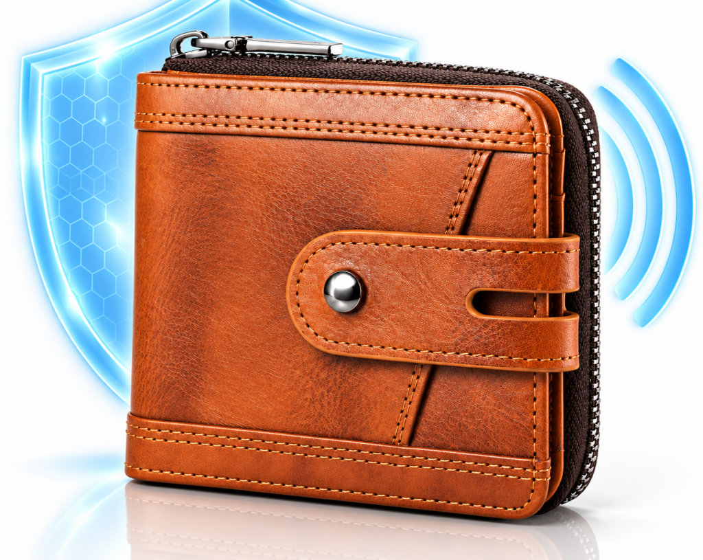 Brown genuine leather bifold zipper wallet for men with 14 card slots and RFID blocking