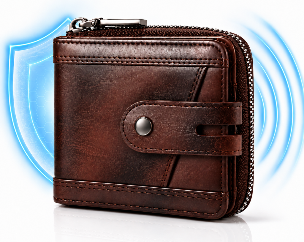 Men's Leather Zipper Wallet – RFID Blocking, Coffee - Image 5
