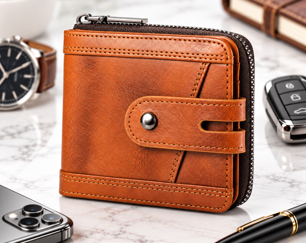 Brown genuine leather bifold zipper wallet for men with 14 card slots and RFID blocking