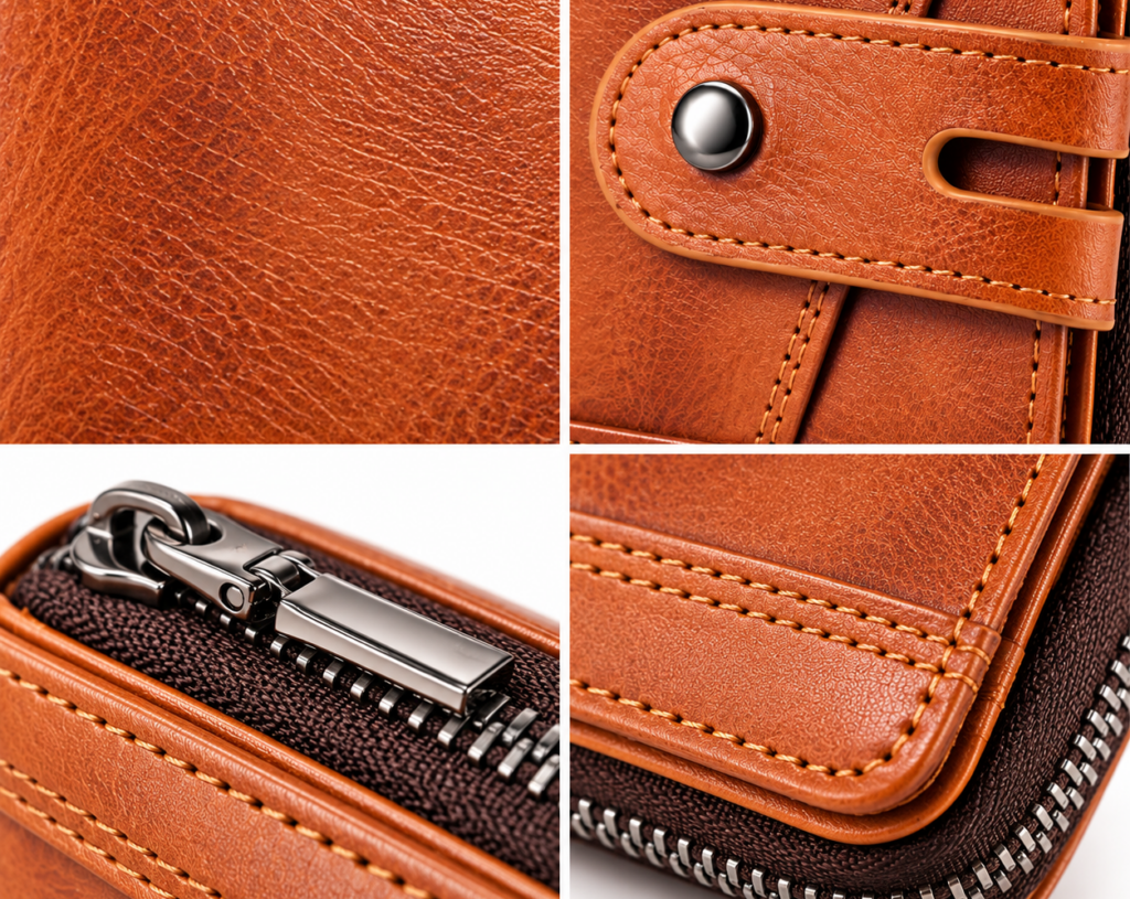 Brown genuine leather bifold zipper wallet for men with 14 card slots and RFID blocking