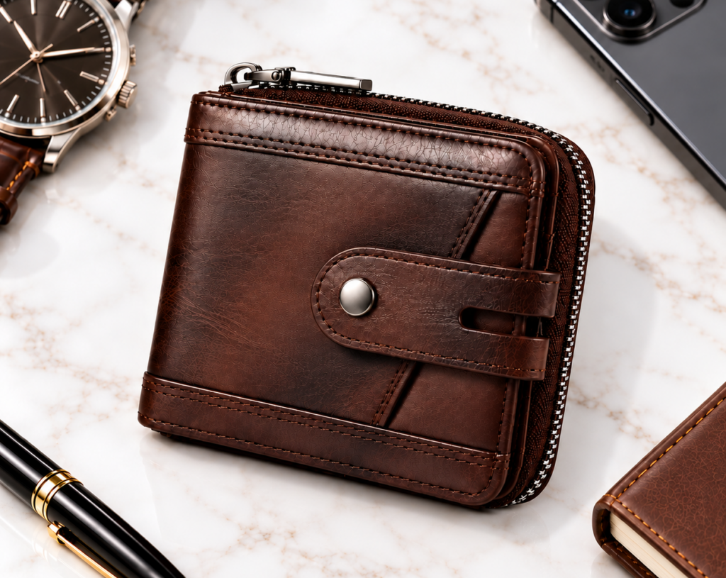 Men's Leather Zipper Wallet – RFID Blocking, Coffee - Image 6