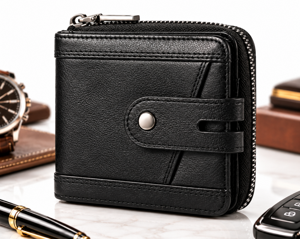 Men's Leather Zipper Wallet – RFID Blocking, Black