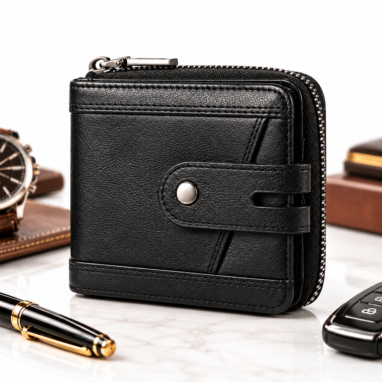 Men's Leather Zipper Wallet – RFID Blocking, Black