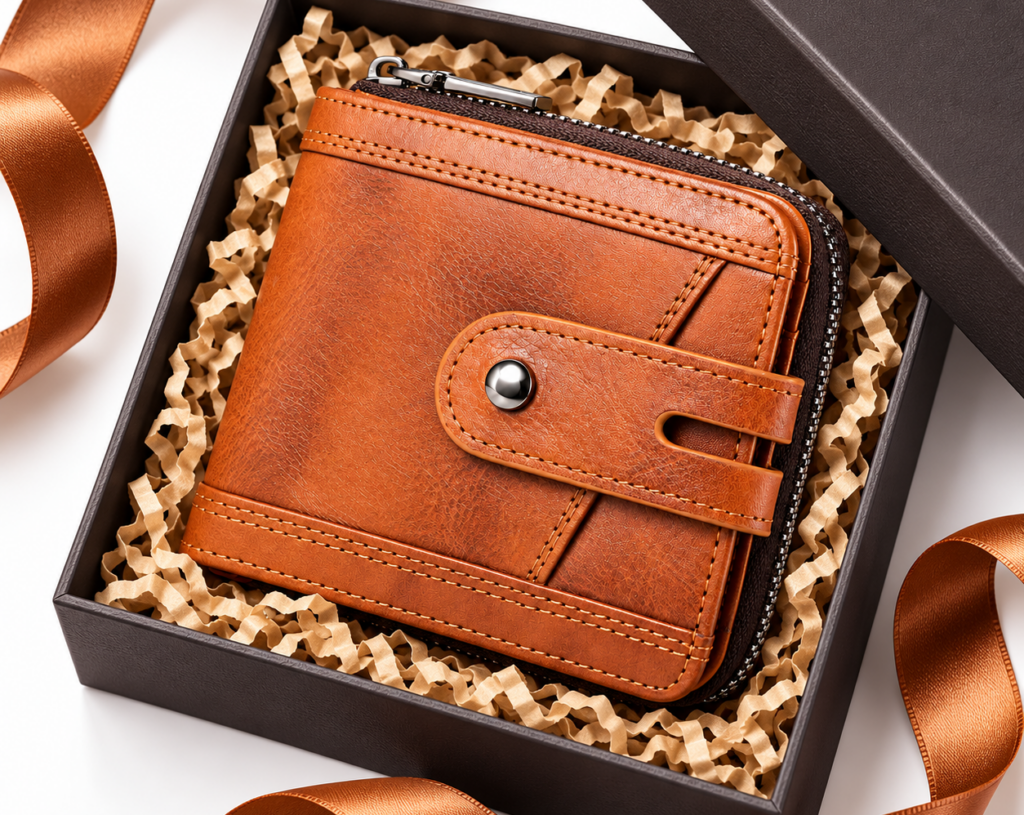 Brown genuine leather bifold zipper wallet for men with 14 card slots and RFID blocking