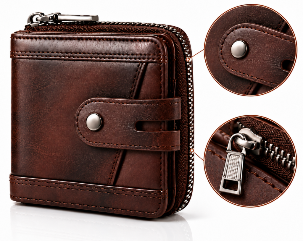 Men's Leather Zipper Wallet – RFID Blocking, Coffee - Image 4