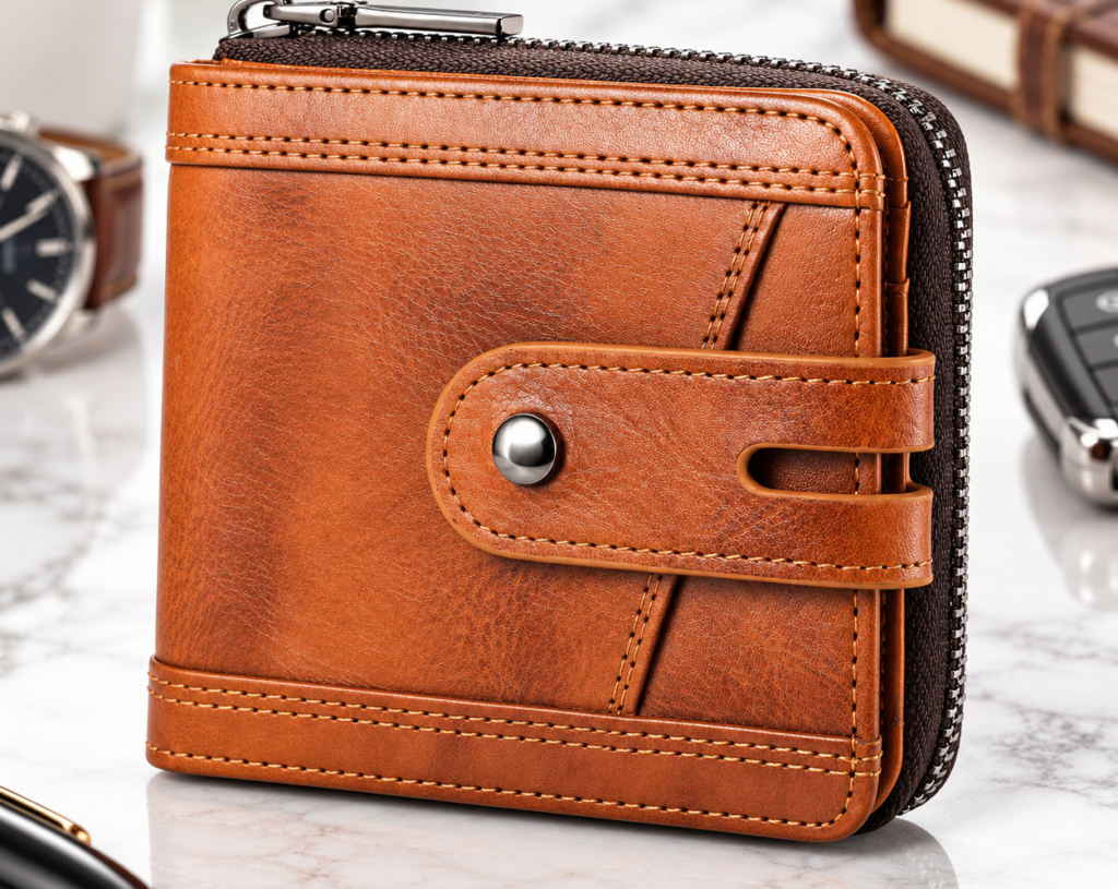 Brown genuine leather bifold zipper wallet for men with 14 card slots and RFID blocking