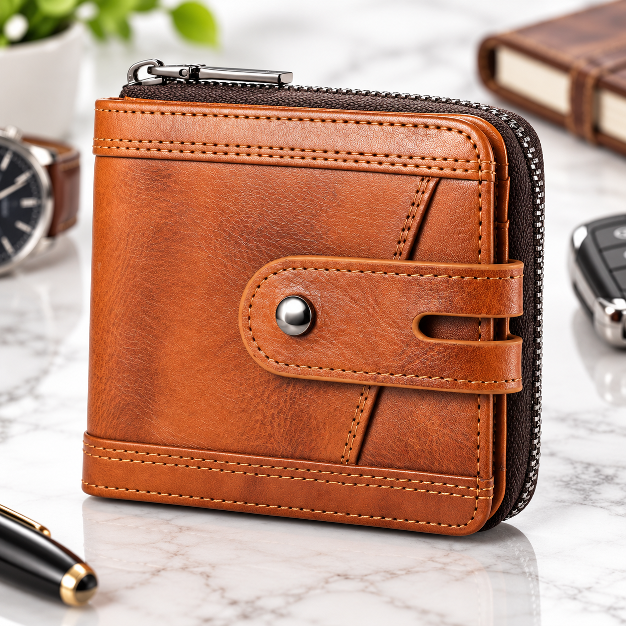 Men's Leather Zipper Wallet – RFID Blocking, Brown