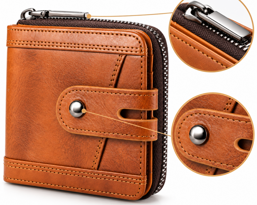 Brown genuine leather bifold zipper wallet for men with 14 card slots and RFID blocking