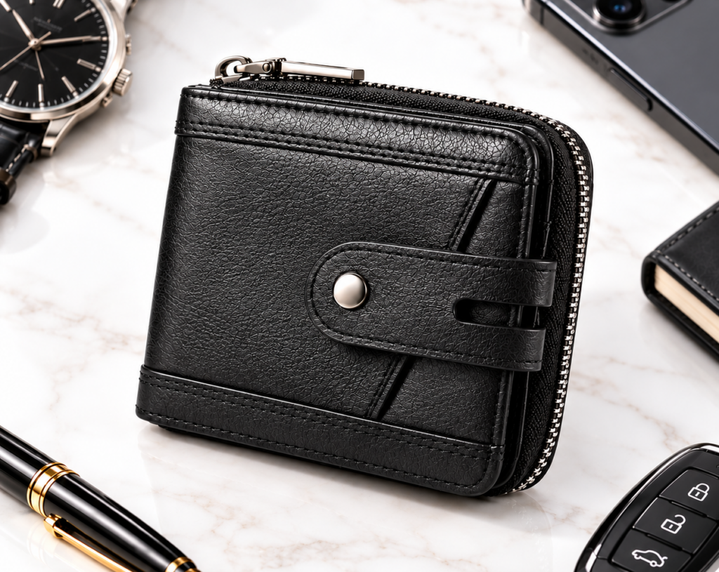 Men's Leather Zipper Wallet – RFID Blocking, Black - Image 6