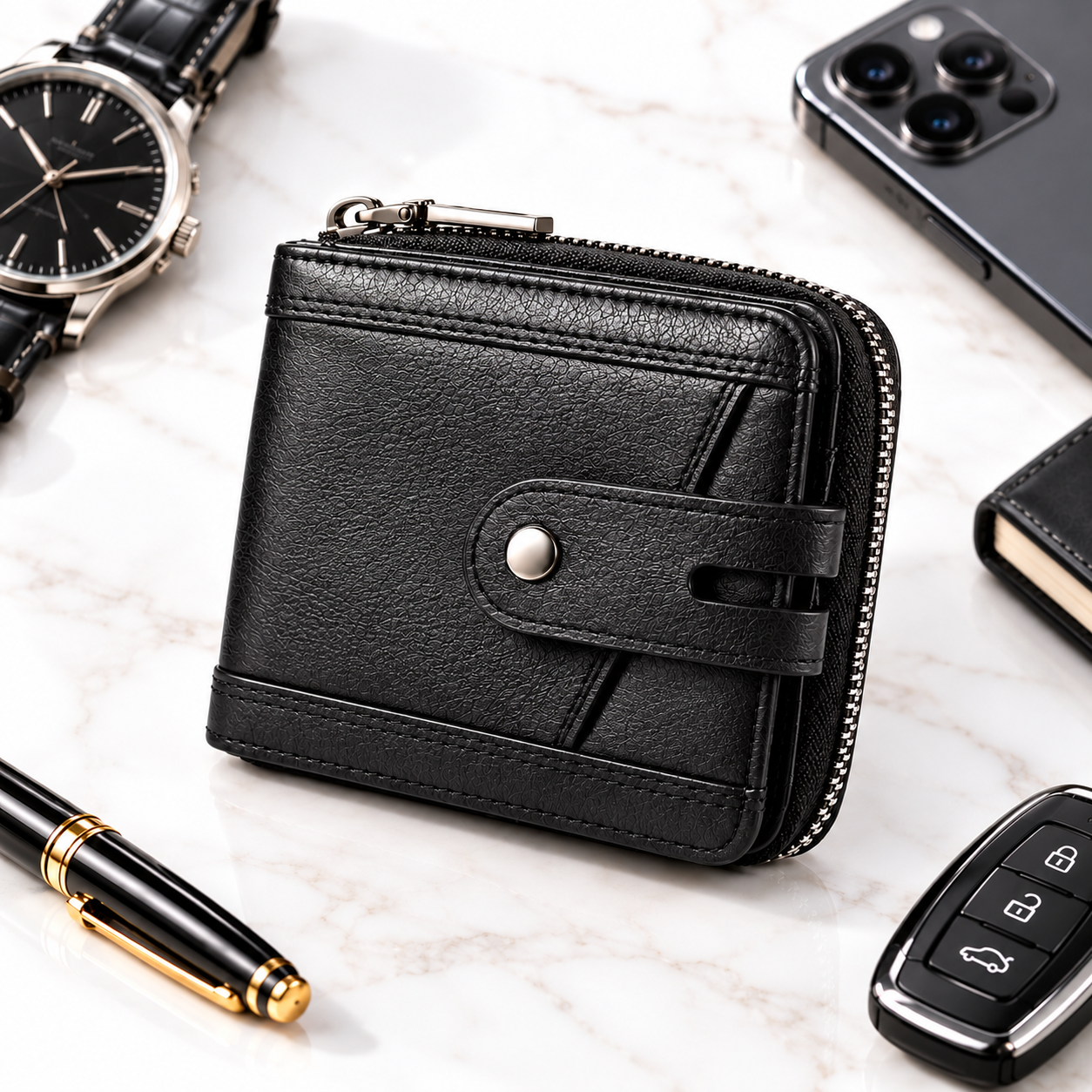 Men's Leather Zipper Wallet – RFID Blocking, Black - Image 6