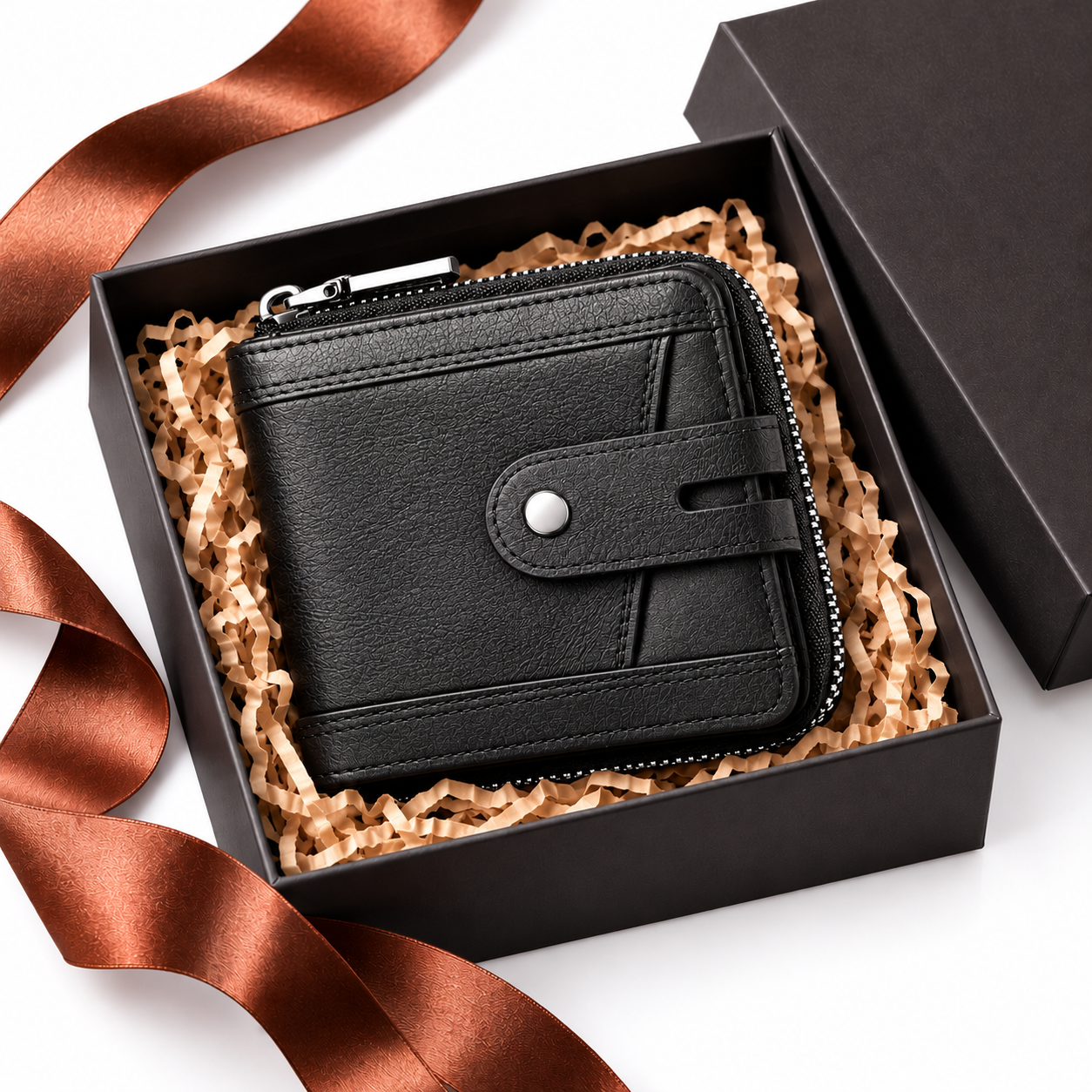 Men's Leather Zipper Wallet – RFID Blocking, Black - Image 7