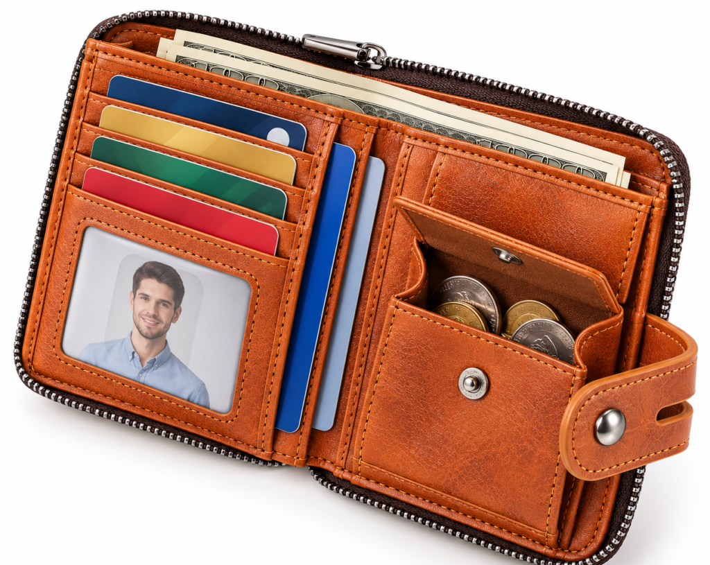 Brown genuine leather bifold zipper wallet for men with 14 card slots and RFID blocking