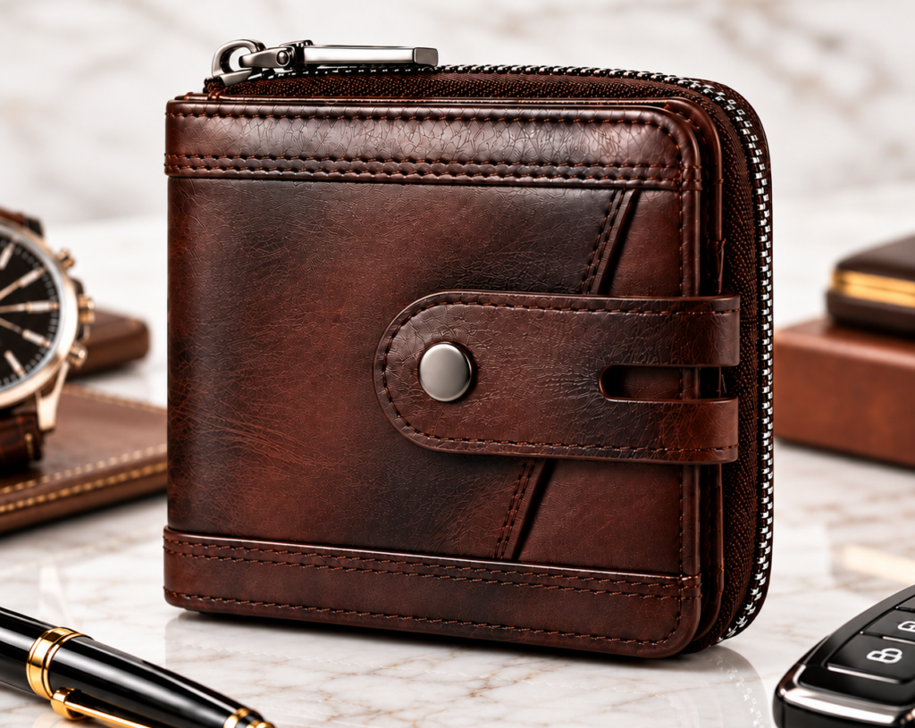 Men's Leather Zipper Wallet – RFID Blocking, Coffee