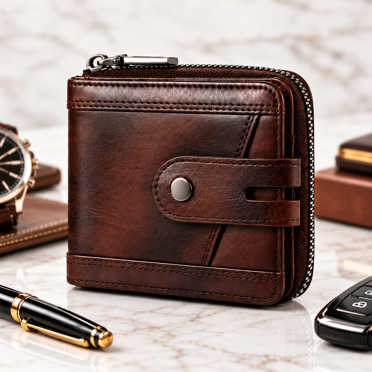Men's Leather Zipper Wallet – RFID Blocking, Coffee