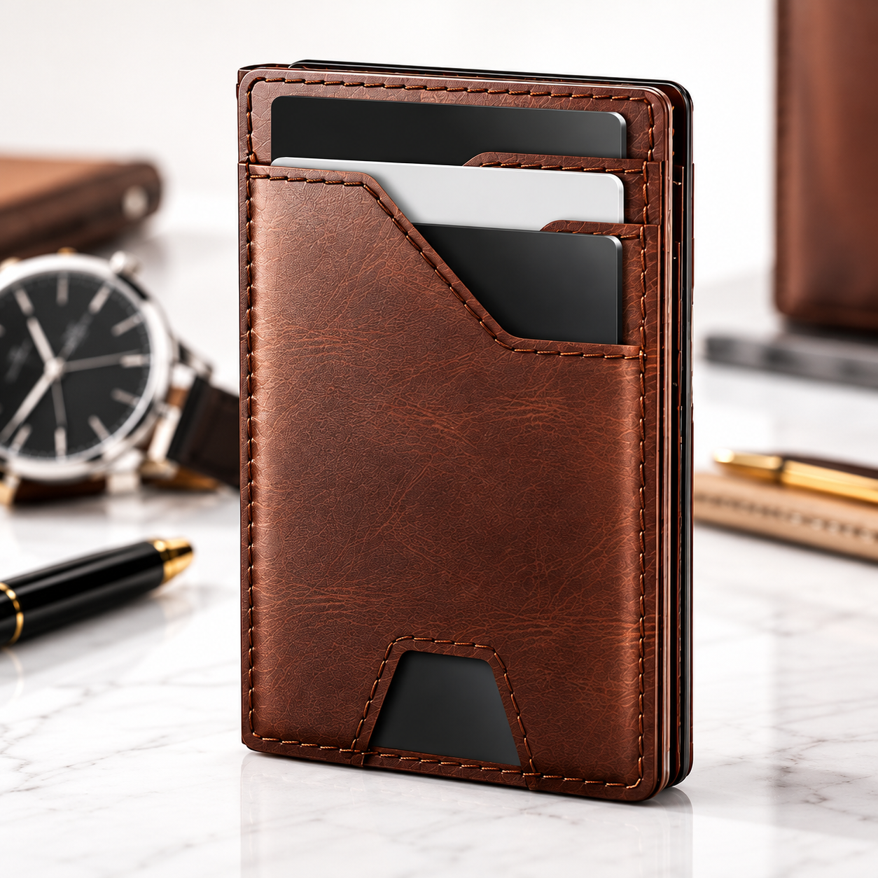 Slim Leather Wallet for Men – 11 Card Slots, RFID & Money Clip, Brown