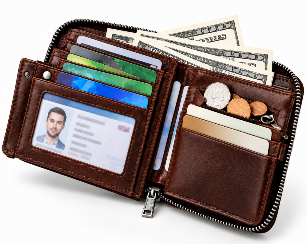 Men's Leather Zipper Wallet – RFID Blocking, Coffee - Image 2