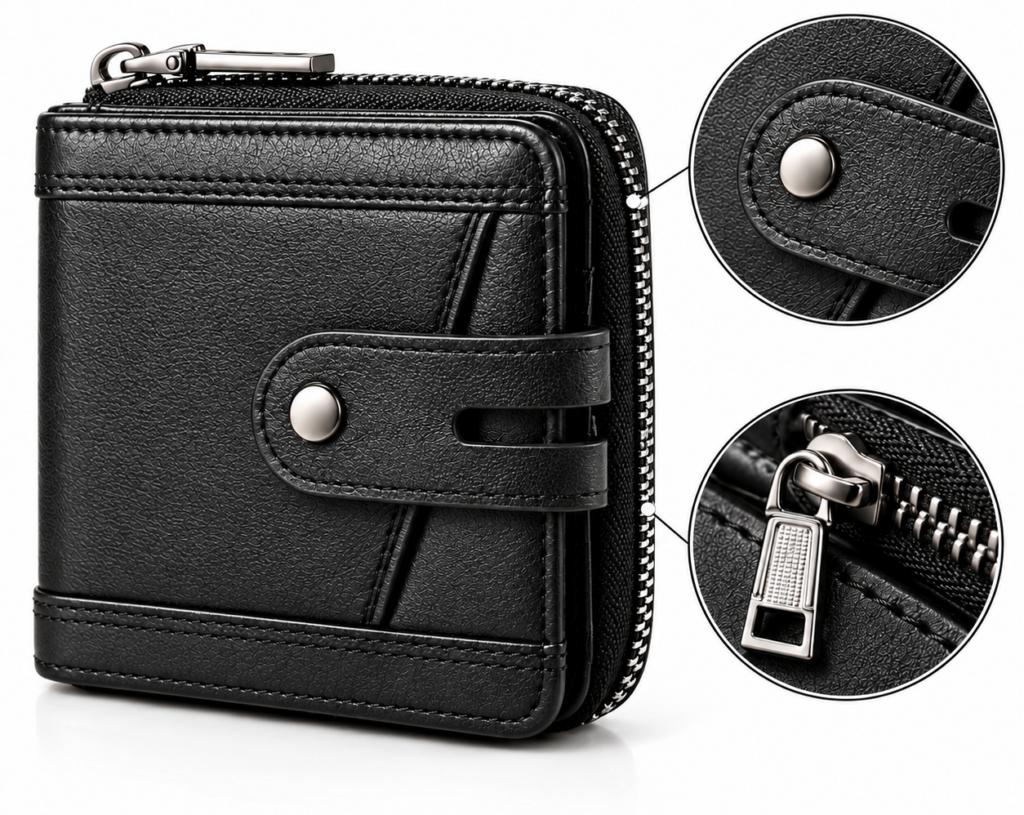 Men's Leather Zipper Wallet – RFID Blocking, Black - Image 4