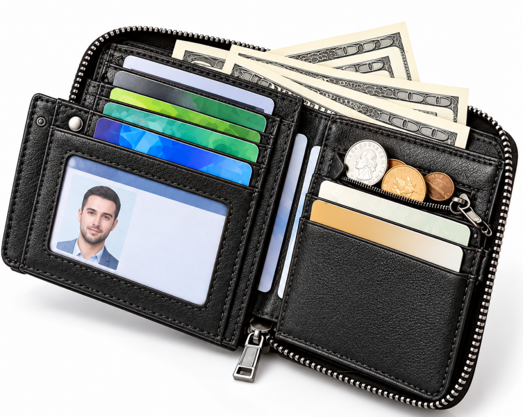 Men's Leather Zipper Wallet – RFID Blocking, Black - Image 2