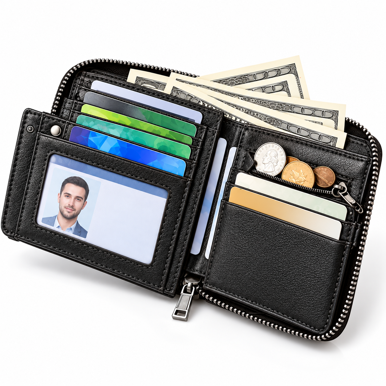 Men's Leather Zipper Wallet – RFID Blocking, Black - Image 2